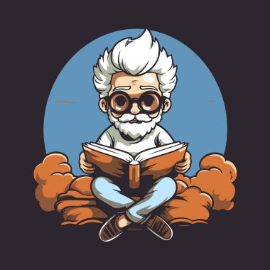 Bulutlarda otururken kitap okuyan yaşlı bir adamın maskot çizimi..