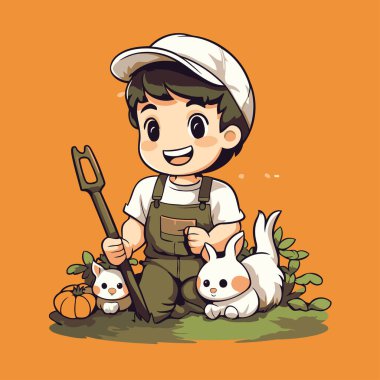 Turuncu arka planda tavşan ve kedisi olan şirin çizgi film çiftçisinin vektör çizimi