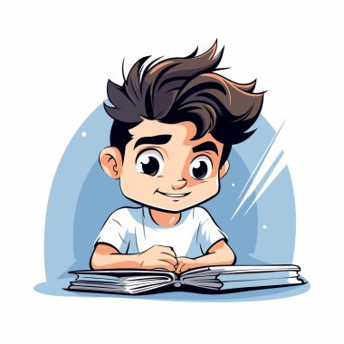 Çocuk kitap okuyor. Kitap okuyan bir çocuğun vektör çizimi.