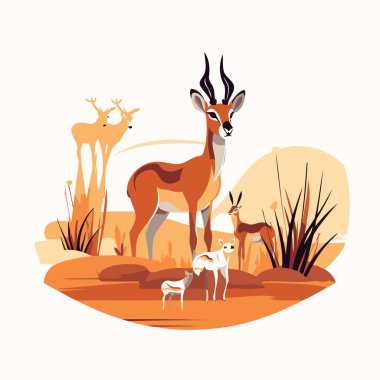 Antilop ailesi bozkırda. Düz biçimli vektör illüstrasyonu