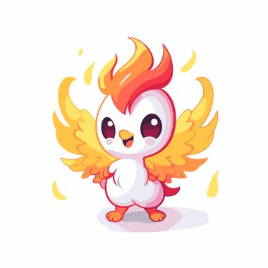 Beyaz arka planda kanatları olan sevimli çizgi film horozu. Vektör illüstrasyonu.