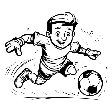 Futbolcu topa vuruyor. Siyah ve beyaz vektör çizimi.