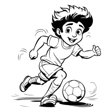 Futbolcu topa vuruyor. Siyah ve beyaz vektör çizimi.