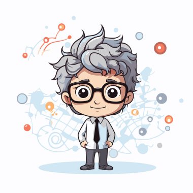 Gözlüklü ve beyaz gömlekli tatlı çocuk. Vektör illüstrasyonu.