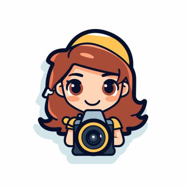 Elinde kamerayla gülümseyen tatlı küçük bir kız. Vektör illüstrasyonu.