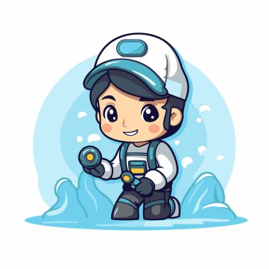 Elinde fener tutan dalgıç kıyafetli şirin bir çocuk. Vektör illüstrasyonu.