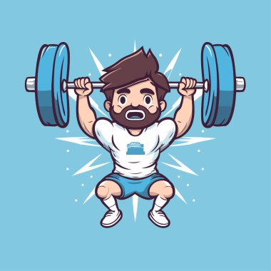 Çizgi filmdeki adam halteri kaldırıyor. Çizgi film tarzında vektör illüstrasyonu.