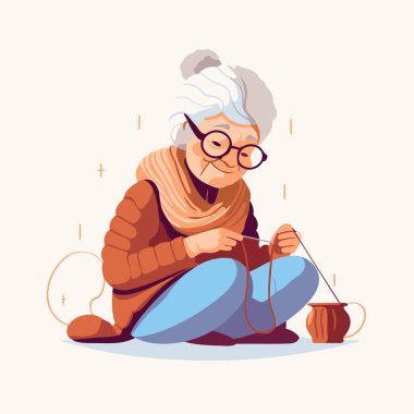 Yaşlı kadın örgü örüyor. Çizgi film tarzında vektör illüstrasyonu.