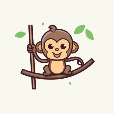 Ağaçtaki şirin maymun. Vektör çizimi. Çizgi film karakteri. Düz tasarım.