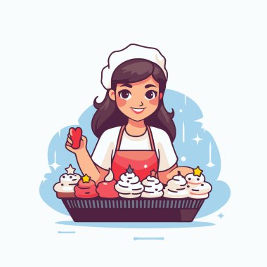 Tatlı küçük kız kek pişiriyor. Çizgi film tarzında vektör illüstrasyonu.