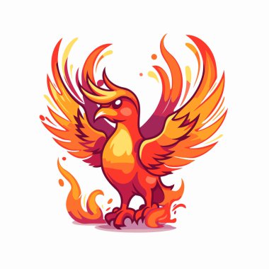Ateş vektör illüstrasyonunda kanatları olan Phoenix kuşu beyaz arka planda izole edildi.