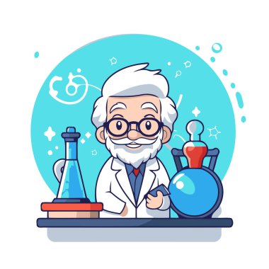 Laboratuvar önlüğü ve gözlüklü bilim adamı. Çizgi film karakteri. Vektör illüstrasyonu.