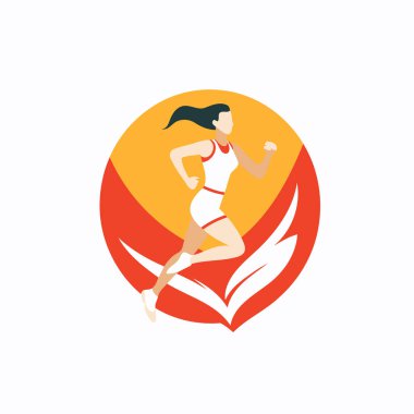 Çalışan kadın vektör logosu tasarım şablonu. Spor kadını simgeyi çalıştırıyor.