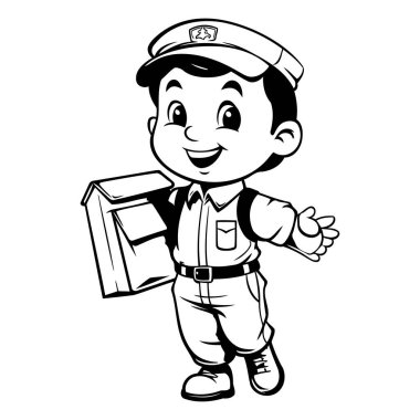 Elinde karton kutu olan bir polis memuru - Siyah ve Beyaz Çizgi Film Çizimi