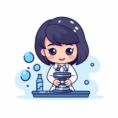 Şirin küçük kız çizgi film karakteri bilim deneyi yapıyor. Vektör illüstrasyonu.