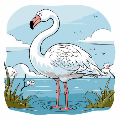 Flamingo gölün kıyısında duruyor. vektör illüstrasyonu