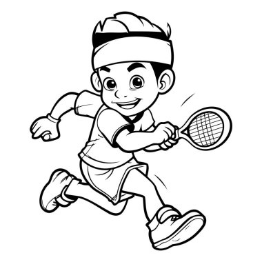 Boyama kitabı için Tenis Oynayan Küçük Çocuğun Siyah ve Beyaz Çizgi Filmleri