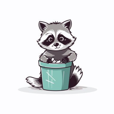 Rakun bir kova suyun içinde oturuyor. Vektör illüstrasyonu.