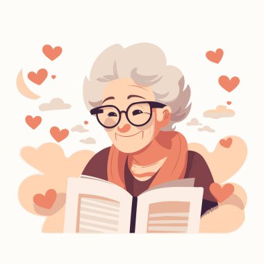 Kitap okuyan yaşlı bir kadın. Çizgi film tarzında vektör illüstrasyonu.