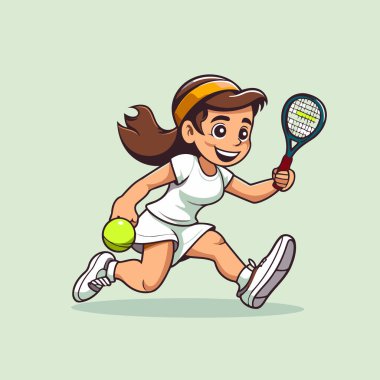 Çizgi film kızı tenis oynuyor. Tenis oynayan bir çocuğun vektör çizimi.