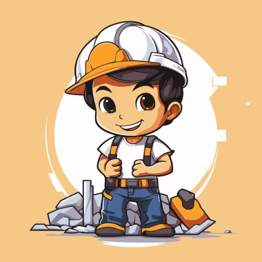 Kasklı ve tulumlu yakışıklı bir inşaat işçisi. Vektör illüstrasyonu.