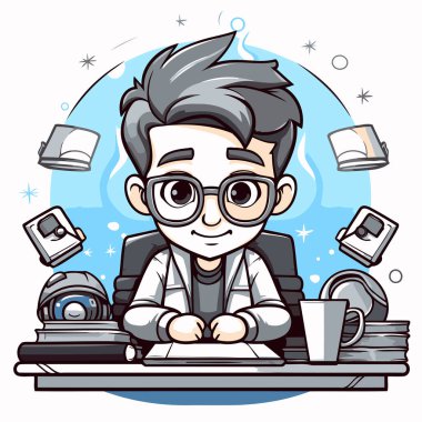 Çizgi filmci çocuk elinde kitaplar ve kamerayla masada oturuyor. Vektör illüstrasyonu.