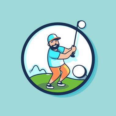 Golf oynayan bir golfçü. Çizgi film tarzında vektör illüstrasyonu