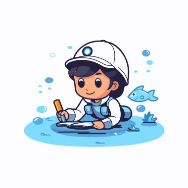 Deniz suyunda kitap okuyan şirin bir çocuk. Vektör illüstrasyonu.