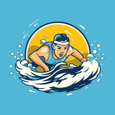 Denizde yüzen bir yüzücü. Denizde yüzen bir adamın vektör çizimi.