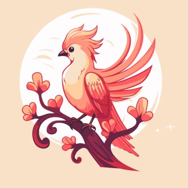 Çiçekli bir dalda oturan sevimli bir kuş. Vektör illüstrasyonu.