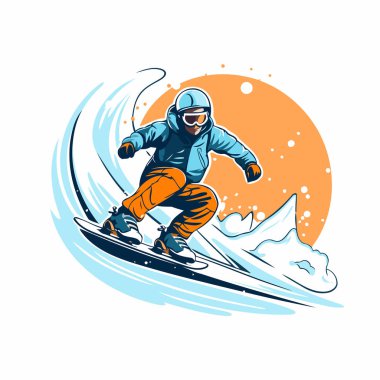 Snowboard sporcusu snowboard 'a atlıyor. kış sporu vektör illüstrasyonu.
