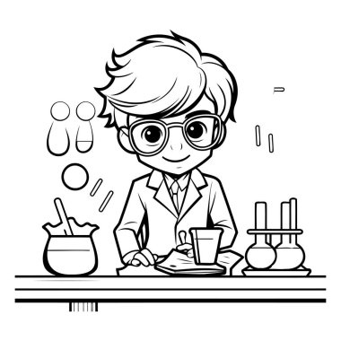 Laboratuvar önlüğü ve gözlüklü bir çocuğun bilimsel deneyler yaptığı vektör çizimi..