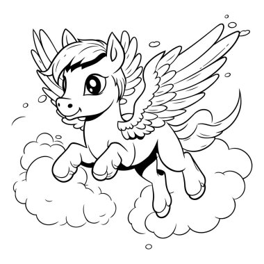 Siyah ve Beyaz Çizgi Film Sevimli Tek Boynuzlu At Bulut Boyama Kitabında Uçuyor