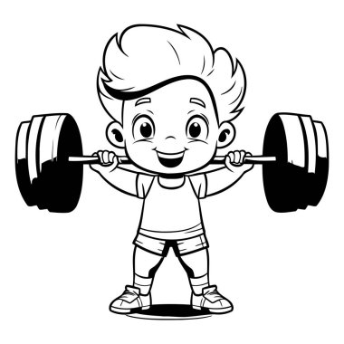 Çocuk halter kaldırıyor - Siyah ve Beyaz Çizgi Film İllüstrasyonu. Vektör