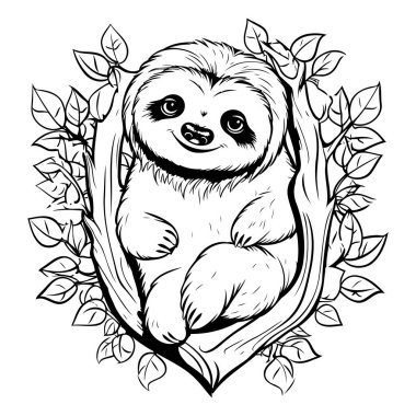 Ağaçta oturan şirin tembel hayvanın siyah beyaz çizimi.