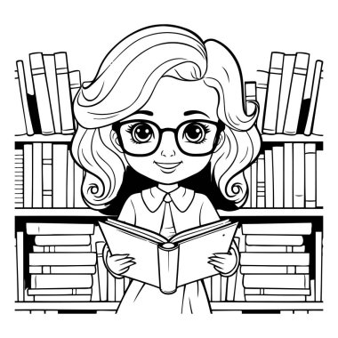 Kütüphanede kitap okuyan bir kız. siyah ve beyaz vektör illüstrasyon grafik tasarımı