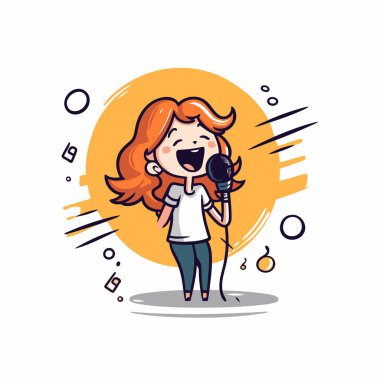 Çizgi film tarzında mikrofonla karaoke söyleyen bir kızın vektör çizimi.