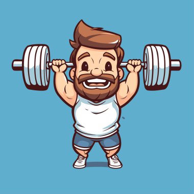 Çizgi filmdeki şişman adam mavi arka planda halter kaldırıyor. Vektör illüstrasyonu.