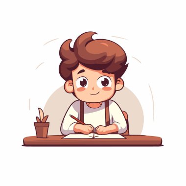 Ev ödevi yapan sevimli küçük çocuk. Çizgi film tarzında vektör illüstrasyonu.