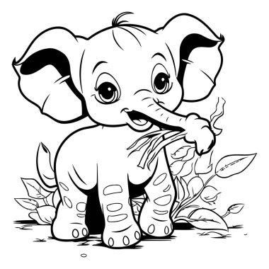 Yaprakları olan şirin bir bebek fil. Siyah-beyaz vektör çizimi.