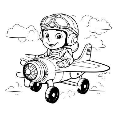 Retro düzlemde uçan çizgi film pilotu çocuk karakterinin renklendirme sayfası.