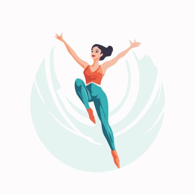 Genç bir kadın havaya zıplıyor. Düz bir şekilde vektör illüstrasyonu.