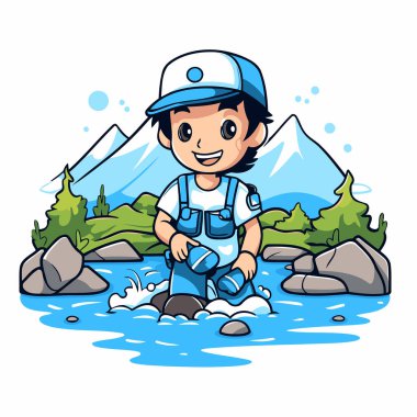 Dağ nehrinde balık tutan küçük bir çocuğun karikatür çizimi.