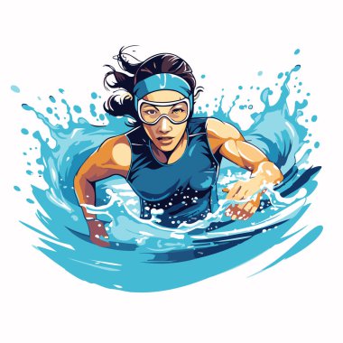 Spor giysili ve gözlüklü yüzücü kadın. Vektör illüstrasyonu.