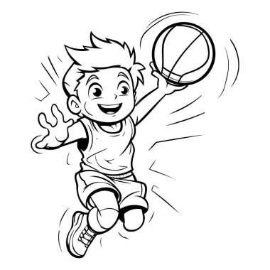 Basketbol ya da voleybol oynayan bir çocuğun siyah beyaz çizgi film canlandırması