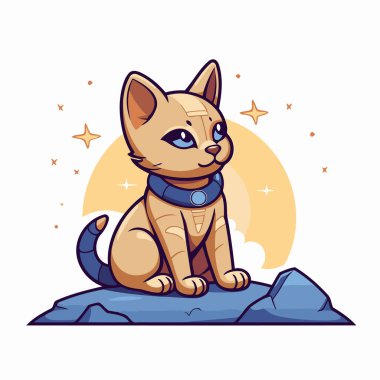 Kayanın üzerinde oturan sevimli çizgi film kedisi. Düz biçimli vektör illüstrasyonu.