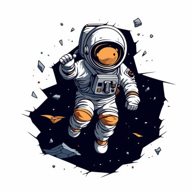 Uzayda koşan astronot. Vektör illüstrasyonu beyaz arkaplanda izole edildi.