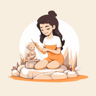 Kaya üzerinde oturan ve kediyle oynayan bir kız. Vektör illüstrasyonu.