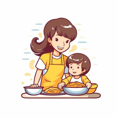 Mutlu aile yemekleri. Anne ve kızı mutfakta. Vektör illüstrasyonu