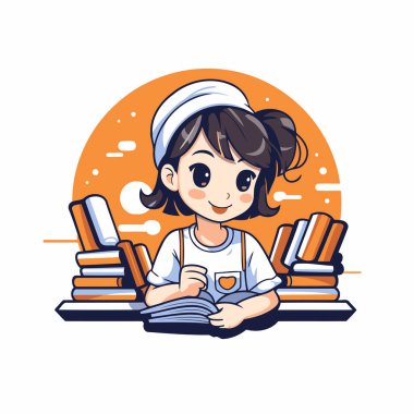 Kitap okuyan tatlı bir kız. Çizgi film tarzında vektör illüstrasyonu.